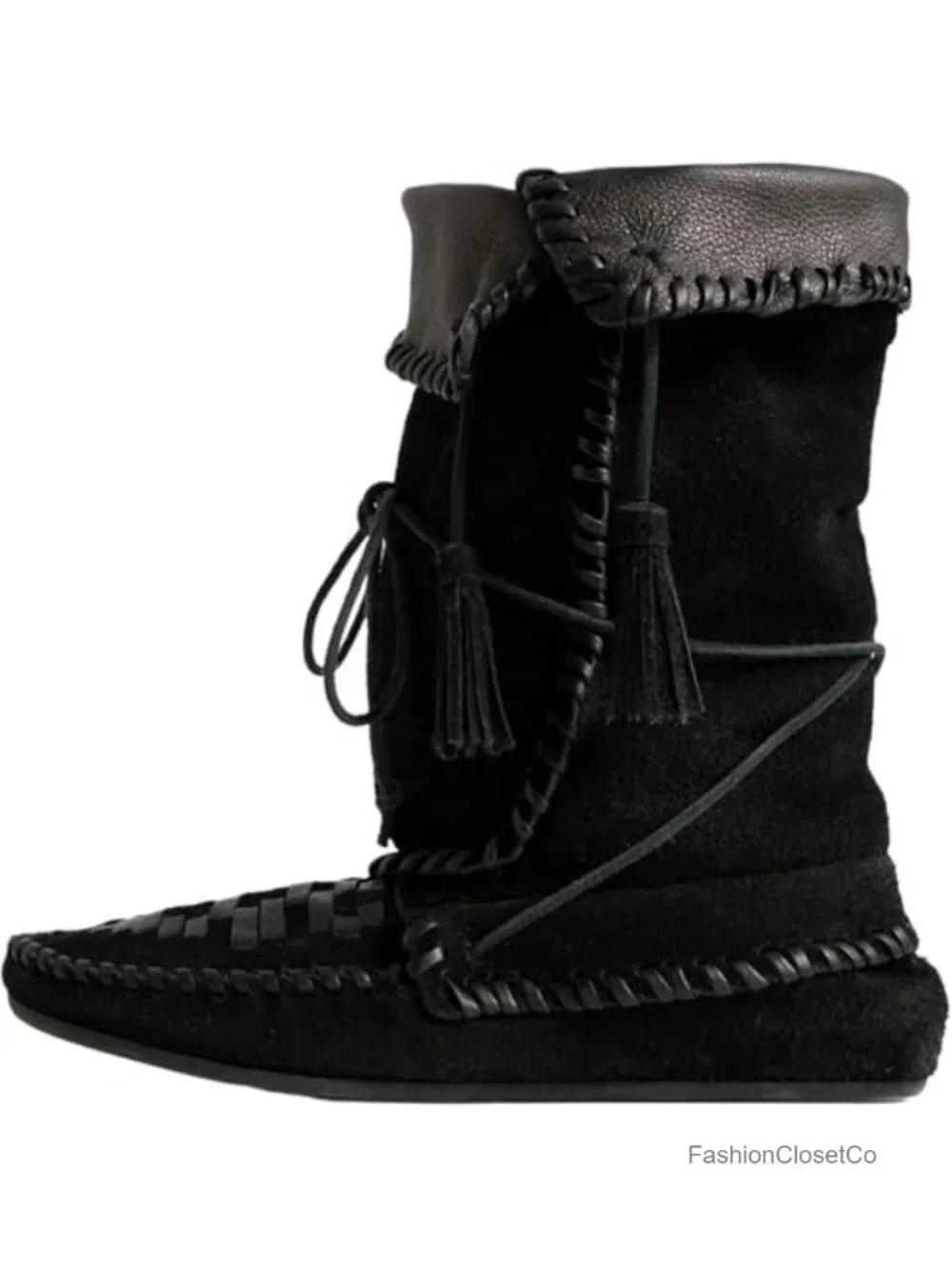 Slouchy Suede Boots with Woven Fold Over Western Ankle Booties Whipstitched